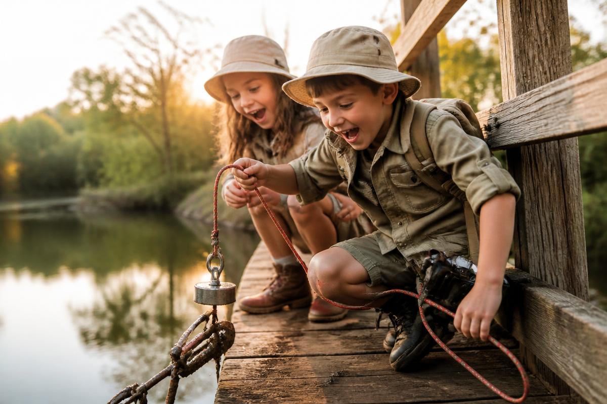 Young explorers magnet fishing from a wooden bridge at golden hour