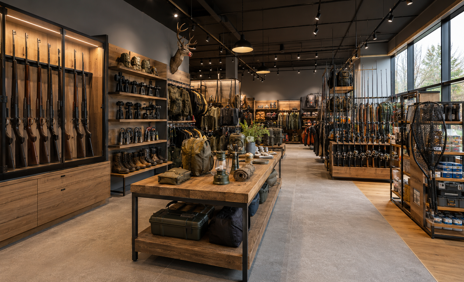 Interior of a hunting and fishing shop with rifles, optics, clothing and rods on display