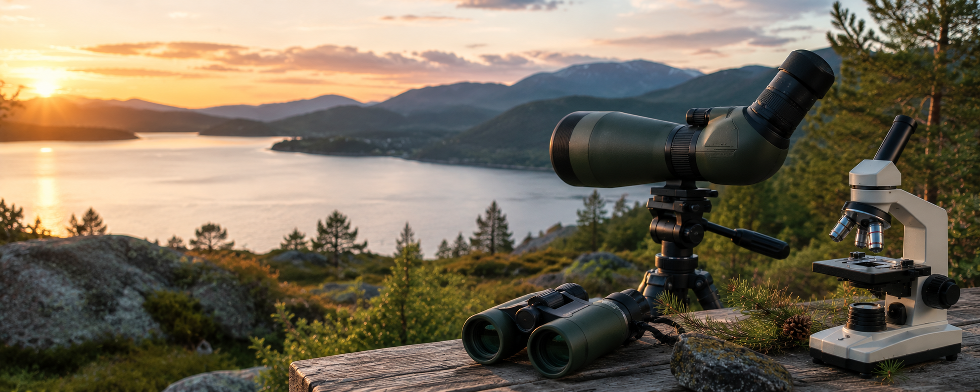 Spotting scope, binoculars and microscope on a wooden table overlooking a fjord at sunset