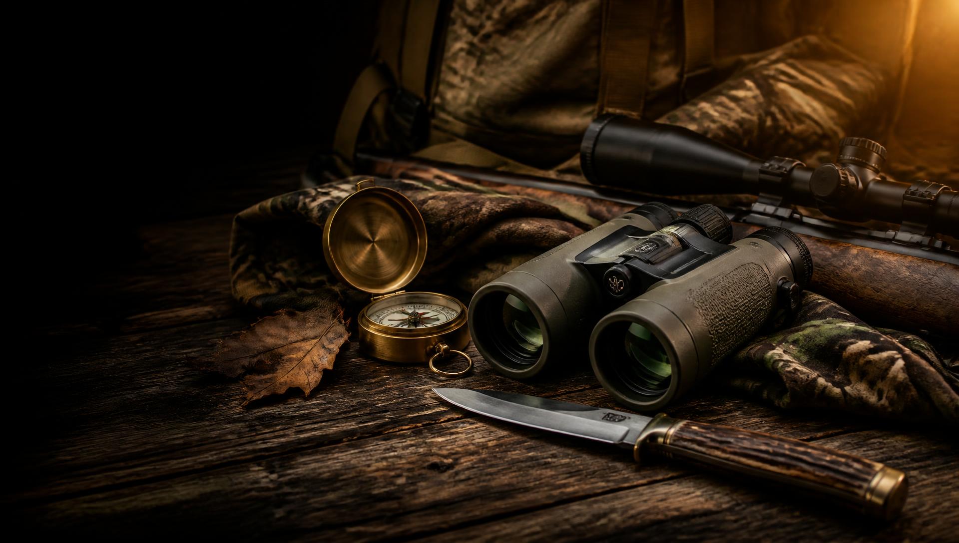 Hunting gear — binoculars, riflescope, compass and field knife on a dark wooden board