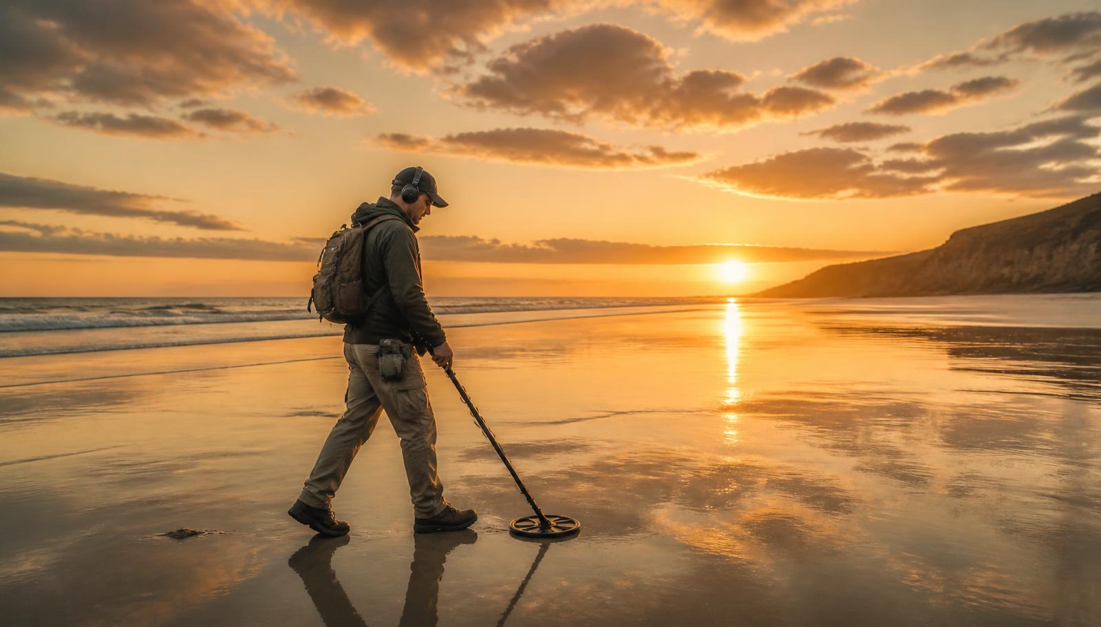 Metal detector standing in shallow wet sand on a beach at golden hour