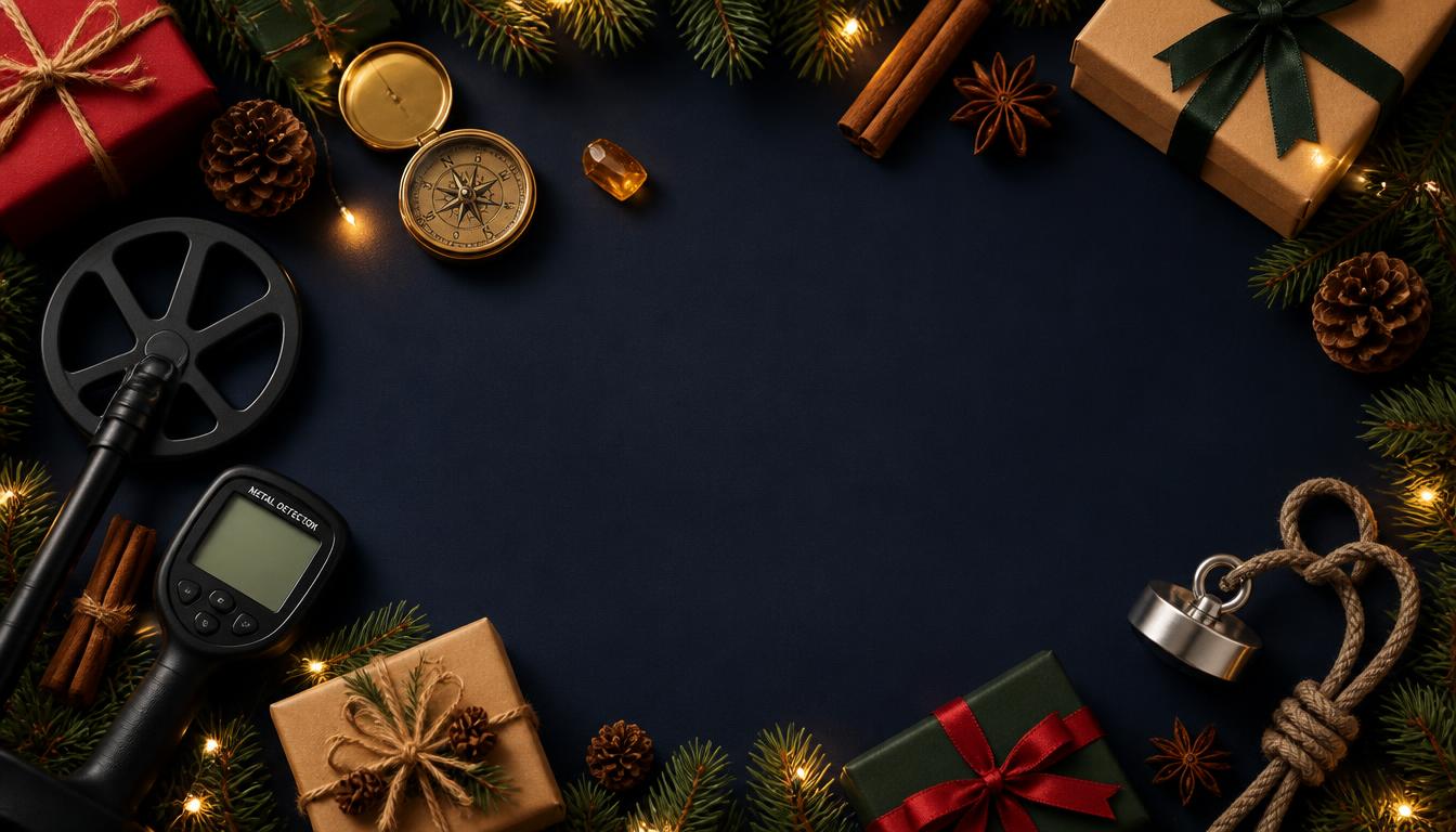 Christmas flat-lay with treasure-hunting gear, gifts and warm lights
