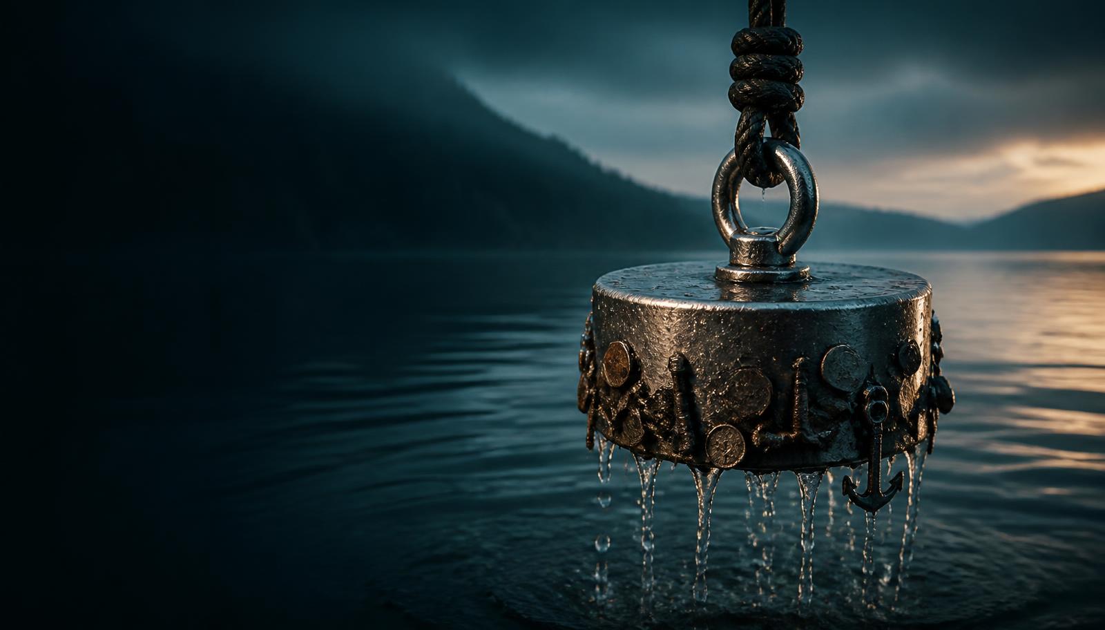 360-degree omnidirectional neodymium fishing magnet lifted from dark Scandinavian water