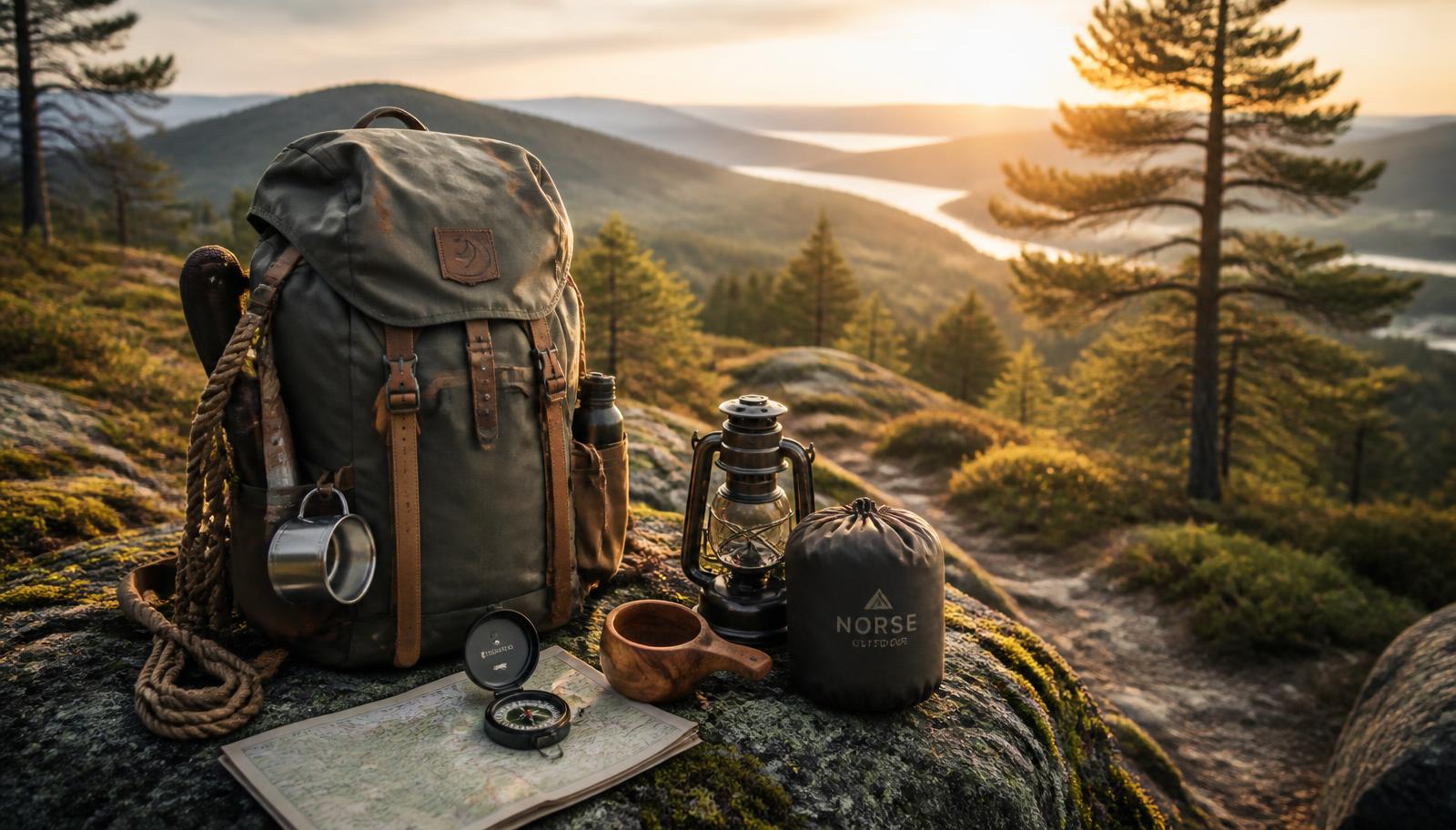 Outdoor adventure gear — backpack, compass, and survival kit on a mossy rock beside a misty Scandinavian forest trail at golden hour